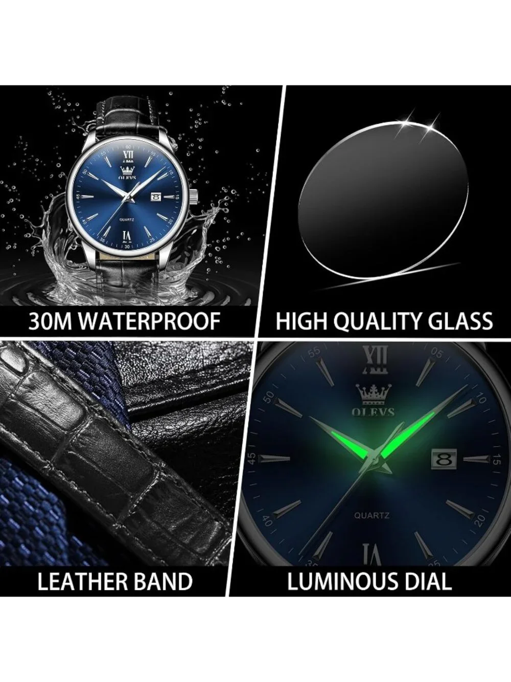 Men's Blue Black Leather Band Waterproof Relog Para Hombres Classic Wrist Watch